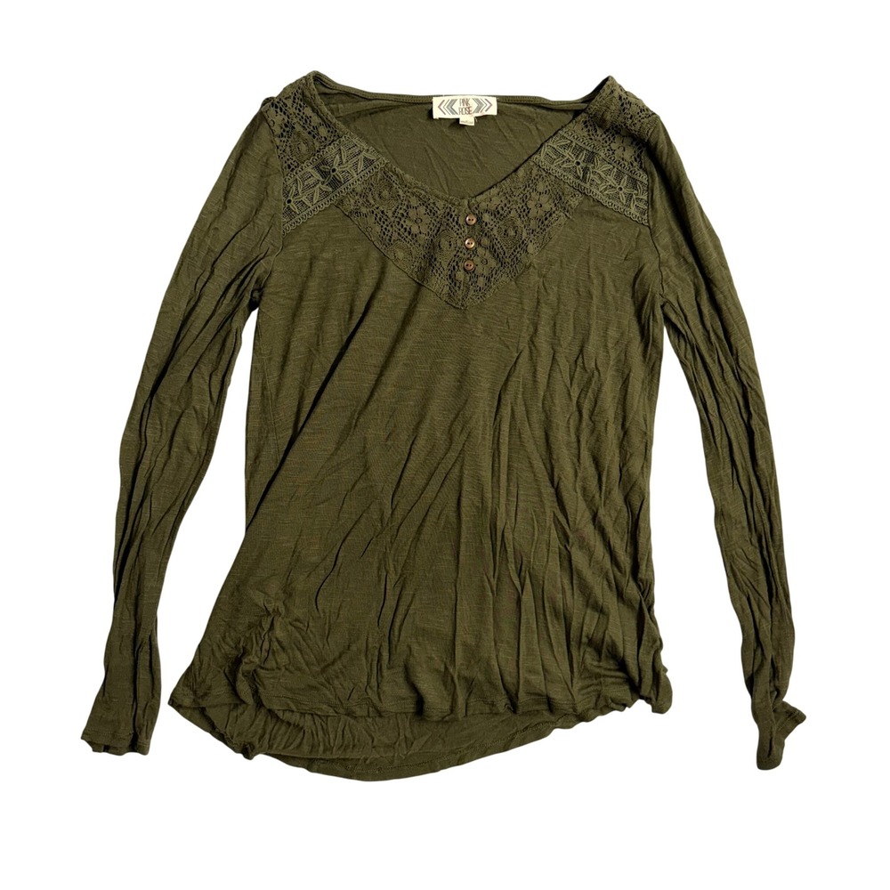 Pink Rose Olive Green Lace V Neck Henley Long Sleeve Top Women Size L y2k
